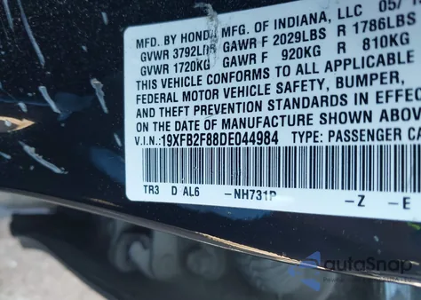 2013 Honda Civic Ex z USA, uszkodzony, nr VIN 19XFB2F88DE044984